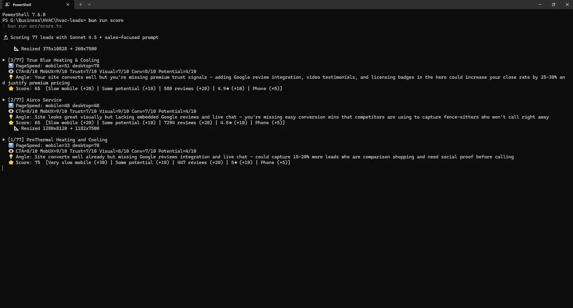 Pipeline running in PowerShell: Sonnet 4.5 scoring leads with per-factor breakdown and generated sales angles